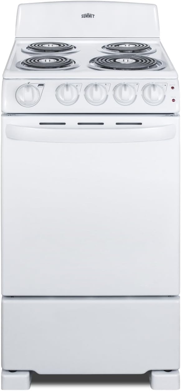 Summit Appliance RE203W 20" Electric Range, 4 Coil Elements, White, 2.3 Cuft Oven Capacity, on Indicator Lights for Oven and Elements- Cord Not Included