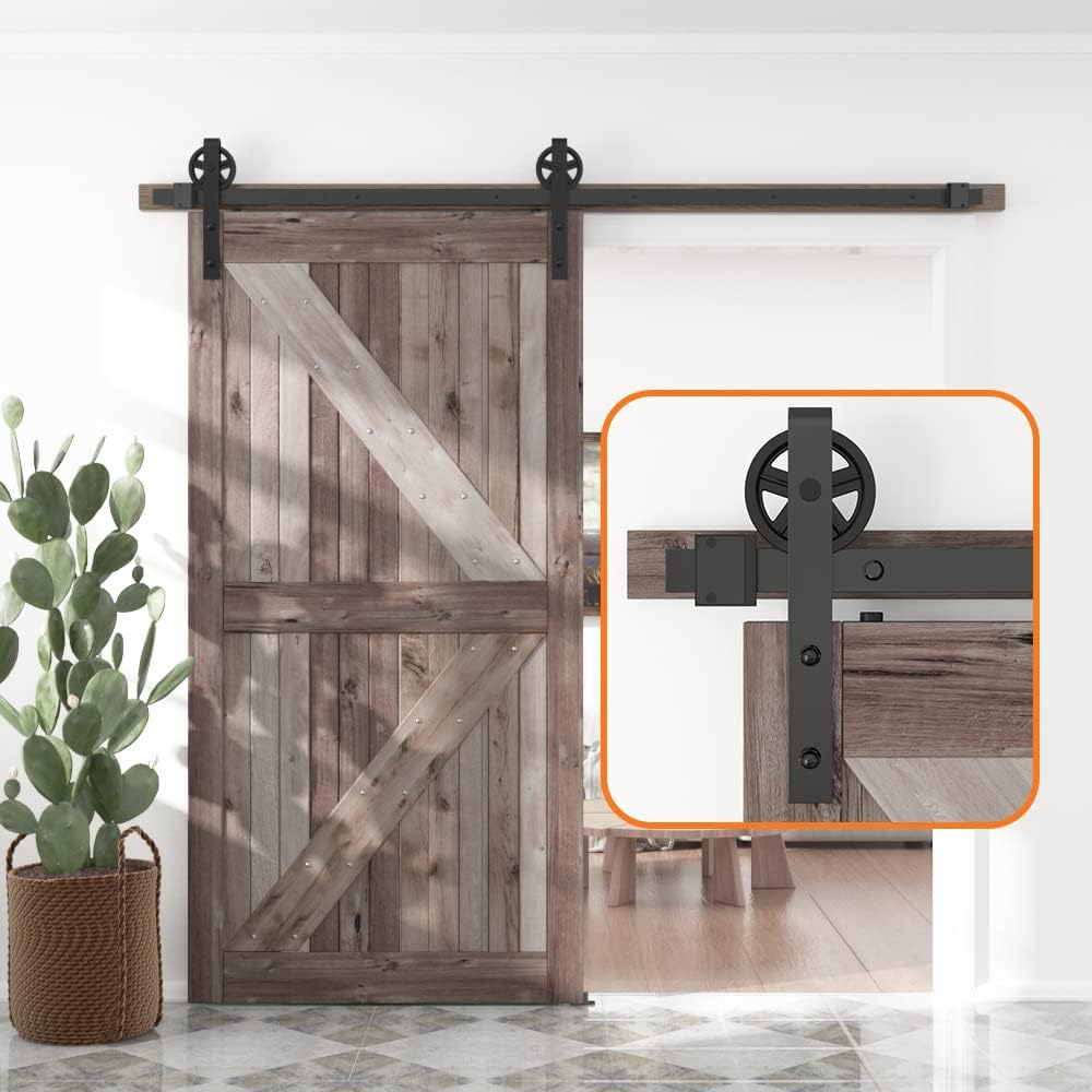 SKYSEN 6FT Sliding barn Door Hardware kit, Barn Door Track, 1/4” Thick Material- 4FT-13FT Available- Combinaton Track- Smooth and Quiet- Easy to Install- Black (Big Wheel-5)