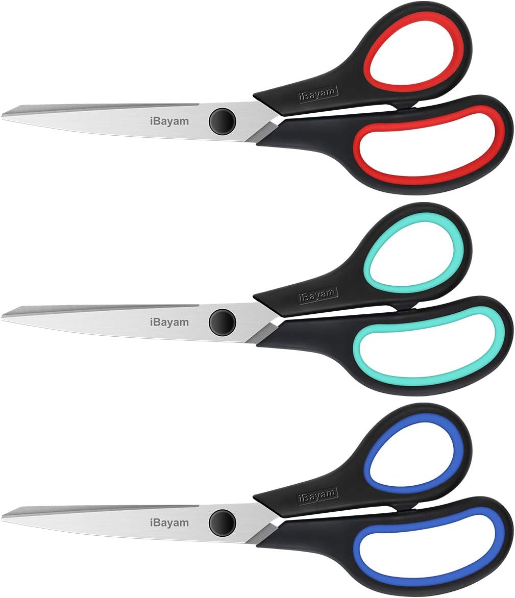 Scissors, iBayam 8" Multipurpose Scissors Bulk 3-Pack, Ultra Sharp Blade Shears, Comfort-Grip Handles, Sturdy Sharp Scissors for Office Home School Sewing Fabric Craft Supplies, Right/Left Hand