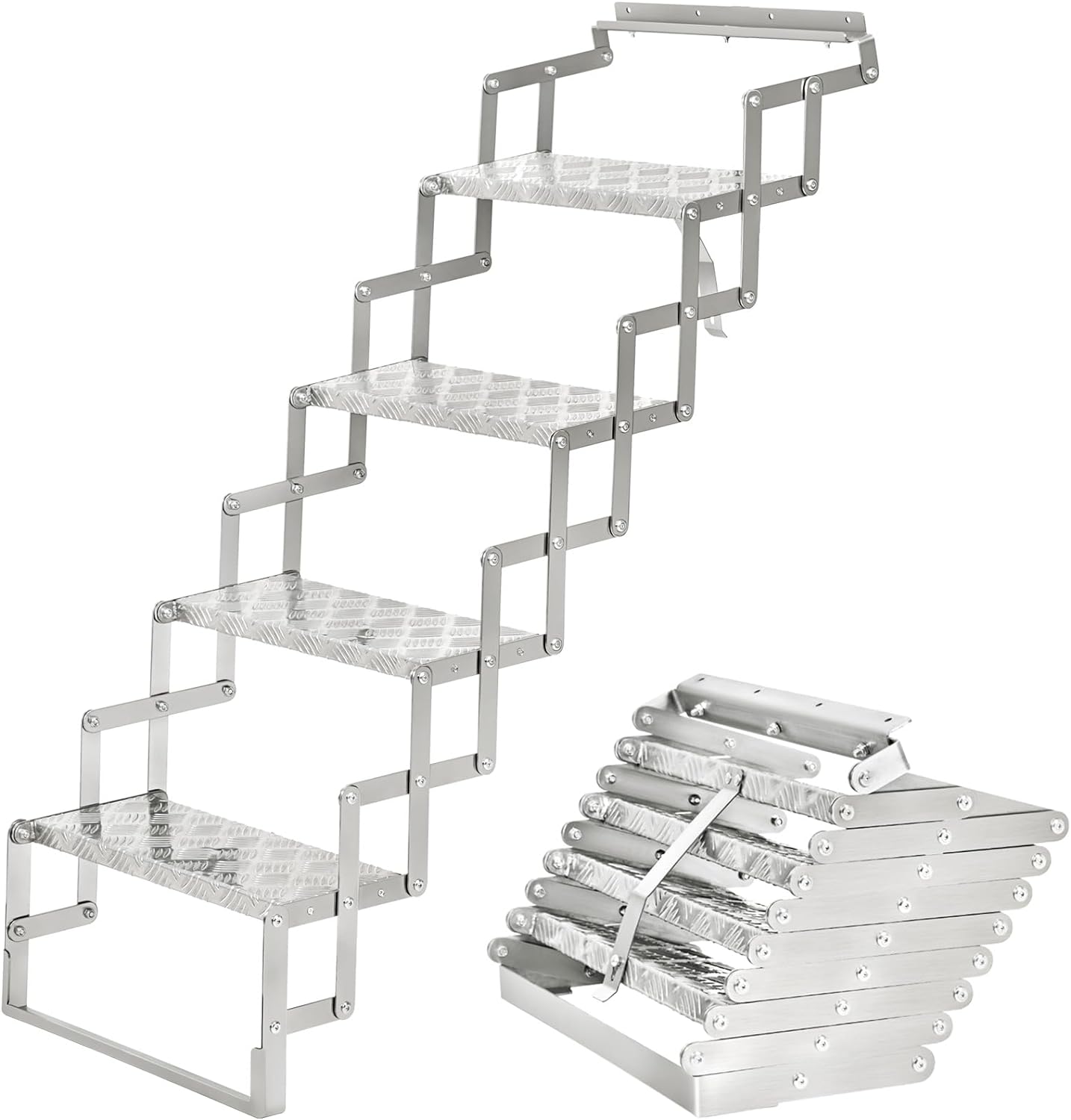 Aluminum Scissor Stairs, 4 Steps Outdoor RV Step Ladder, 18" Wide Camper Stair Ladder with Anti-Slip Surface, Portable Stairs for Travel Trailer, Silver