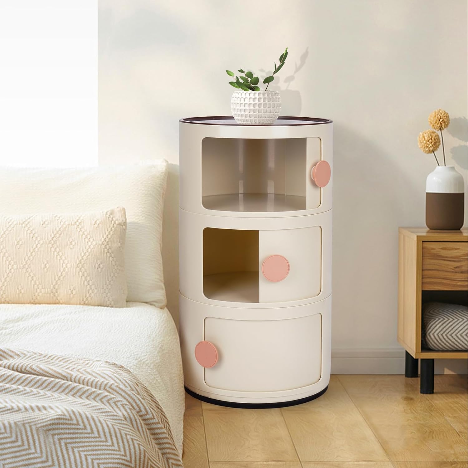 Round Bedside Cabinet Round Nightstand Nordic Bedside Nightstand Bedside Table with Sliding Doors Round Storage Cabinet Round Chest of 3 Drawers for Bedroom, Living Room