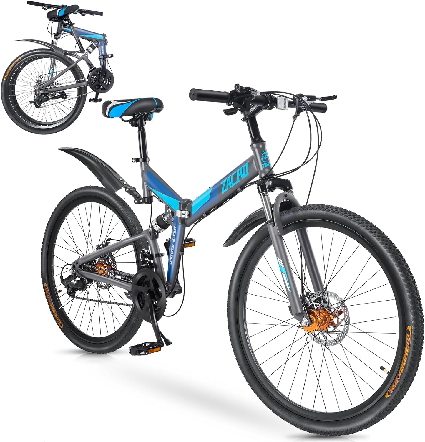 Zacro 26 Inch Folding Mountain Bike, Upgraded 24 Speed with Dual Suspension/Double Disc Brake/Aluminum Pedal, High-Carbon Steel Frame MTB Road Bicycle for Men/Women/Youth/Adults