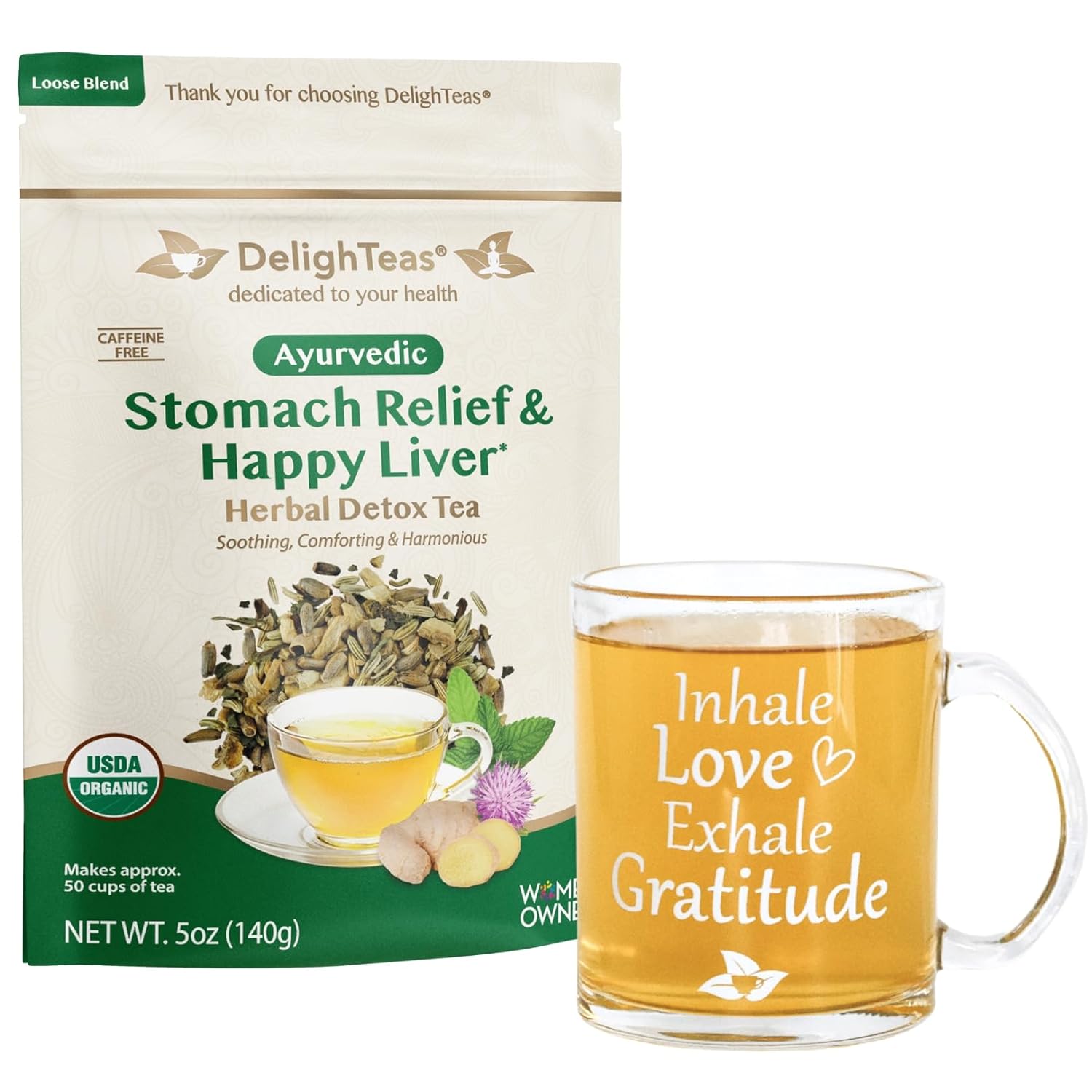DelighTeas Organic Liver Detox Tea with Inspirational Tea Mug | Stomach Relief & Liver Cleansing | Ayurvedic Loose Leaf Milk Thistle, Fennel, Ginger Tea for Digestion