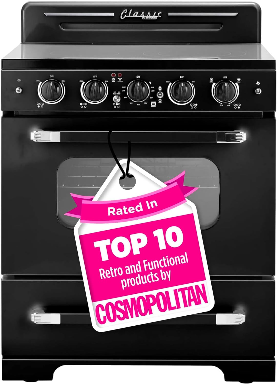 UGP-30CR EC B Classic Retro Radiant Freestanding Electric Convection Oven Light, Range with 5-Element Glass Cooktop, 30", Midnight Black