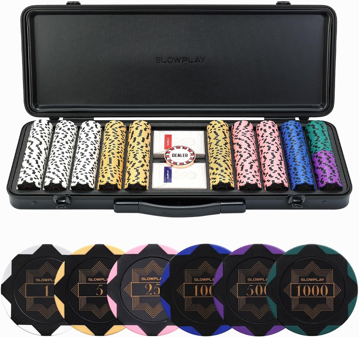 SLOWPLAY Nash 14 Gram Clay Poker Chips Set for Texas Hold’em, 300 PCS/500PCS, Blank Chips/Numbered Chips.Features a high-end Carrying case with Leather Interior Design and German Polycarbonate Shell
