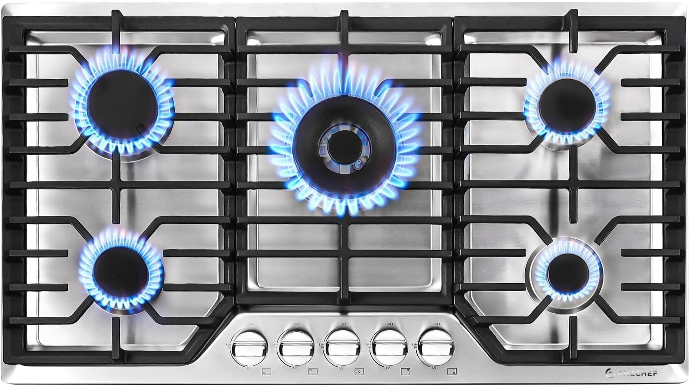 AMZCHEF 36 inch Gas Cooktop with 5 Made in Italy SABAF Power Burners.Max 48300 BTU/hr Built-in Gas Stove top of 304 Stainless steel,NG/LPG Convertible,ETL.