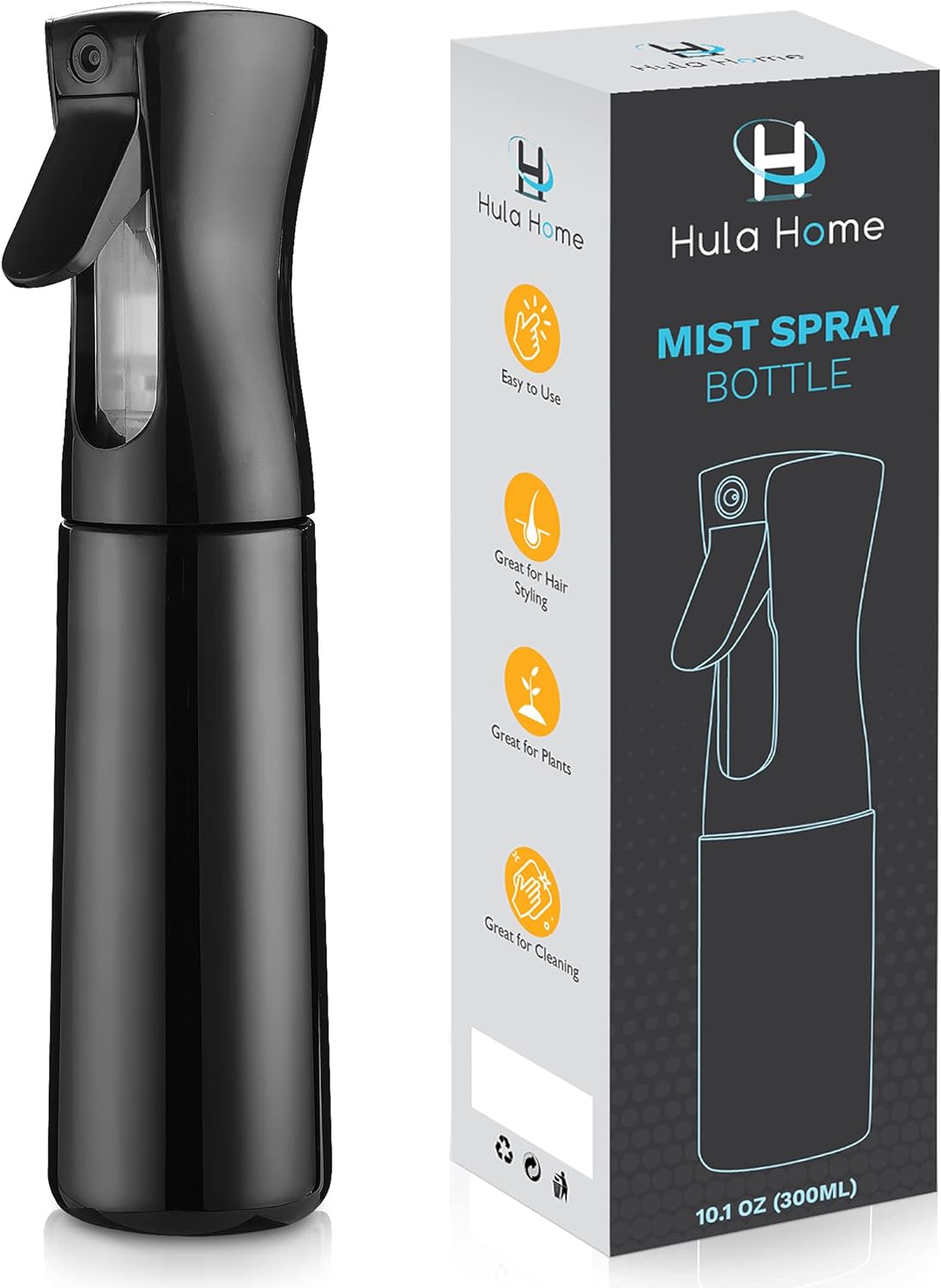 Hula Home Continuous Spray Bottle for Hair (10.1oz/300ml) Empty Ultra Fine Plastic Water Mist Sprayer – For Hairstyling, Cleaning, Salons, Plants, Essential Oil Scents & More - Black