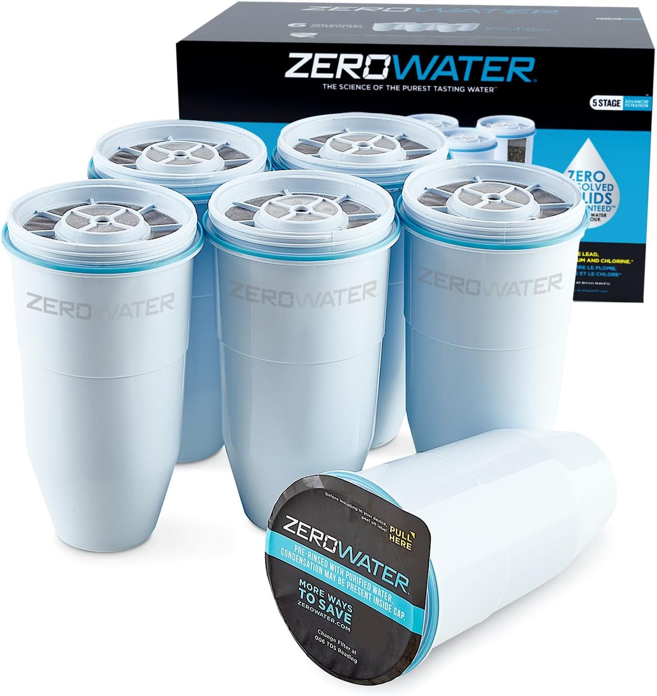 ZeroWater Official Replacement Filter - 5-Stage 0 TDS Filter Replacement - System IAPMO Certified to Reduce Lead, Chromium, and PFOA/PFOS, White, 6-Pack
