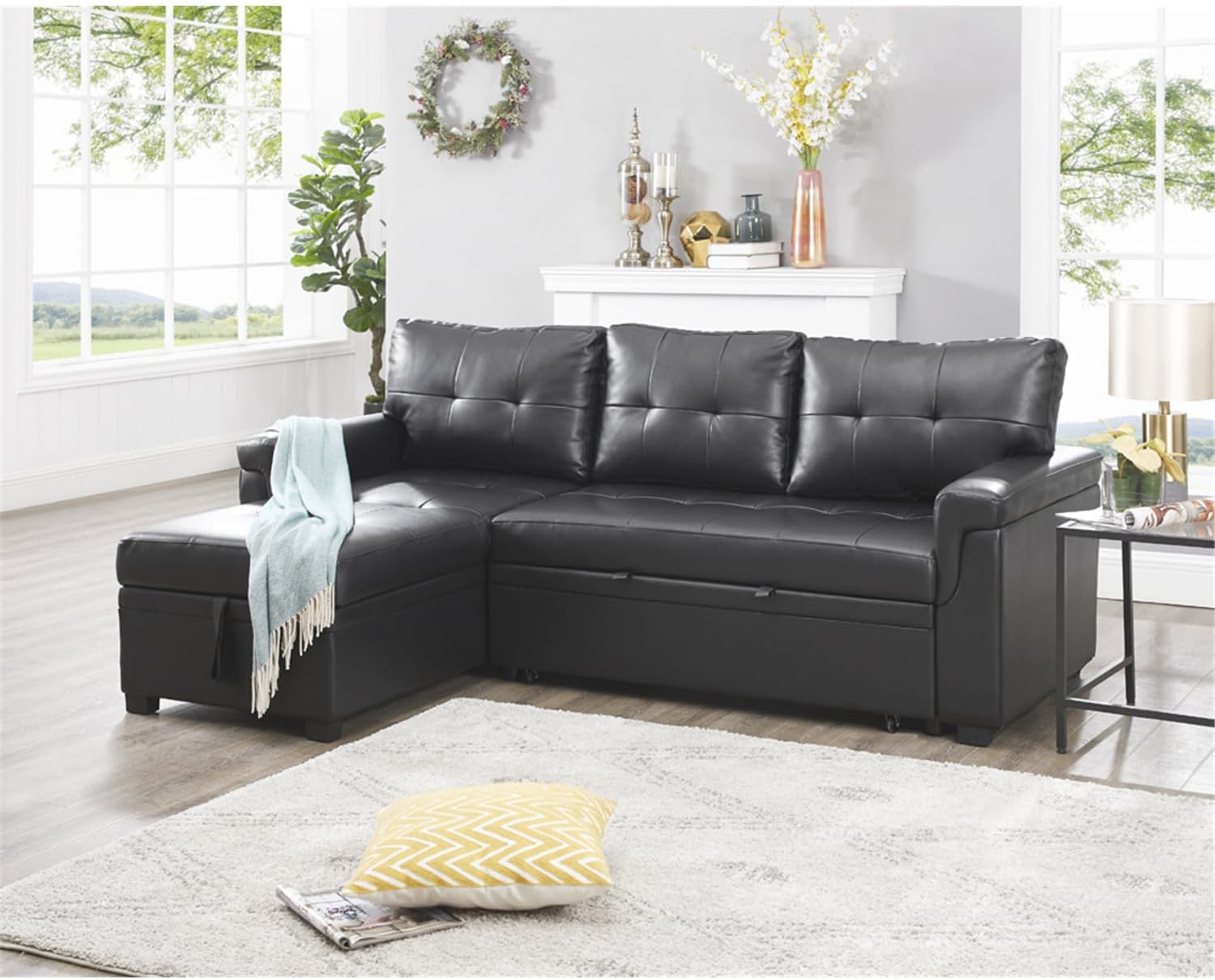 Naomi Home Transform Any Space: Sleeper Sectional Sofa with Convertible Sofa Bed & Inviting Chaise. Find Tranquil Comfort with Stress-Relieving Design & Durable Cushions - Black/Air Leather