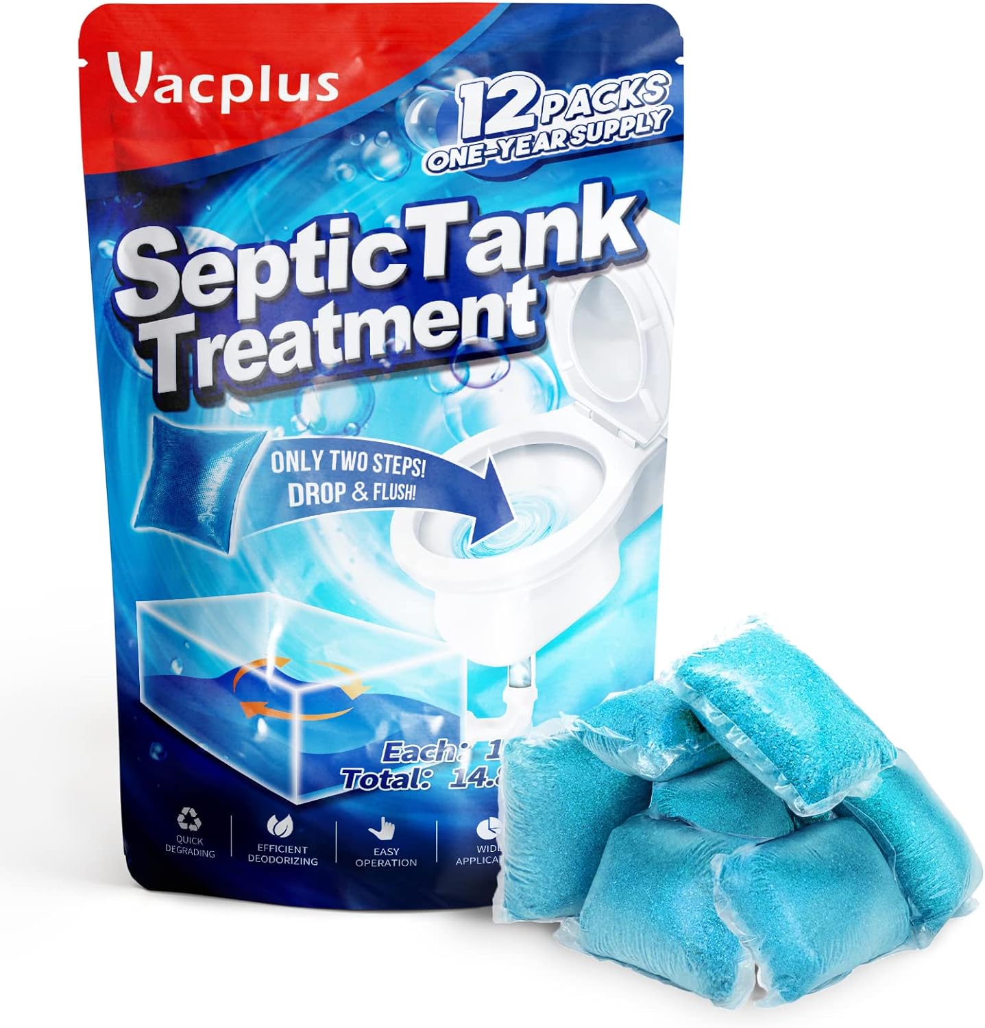 Vacplus Septic Tank Treatment 12 Pcs for 1-Year Supply, Dissolvable Packs with Easy Operation, Durable Biodegradable Enzymes for Wastes, Greases & Odors