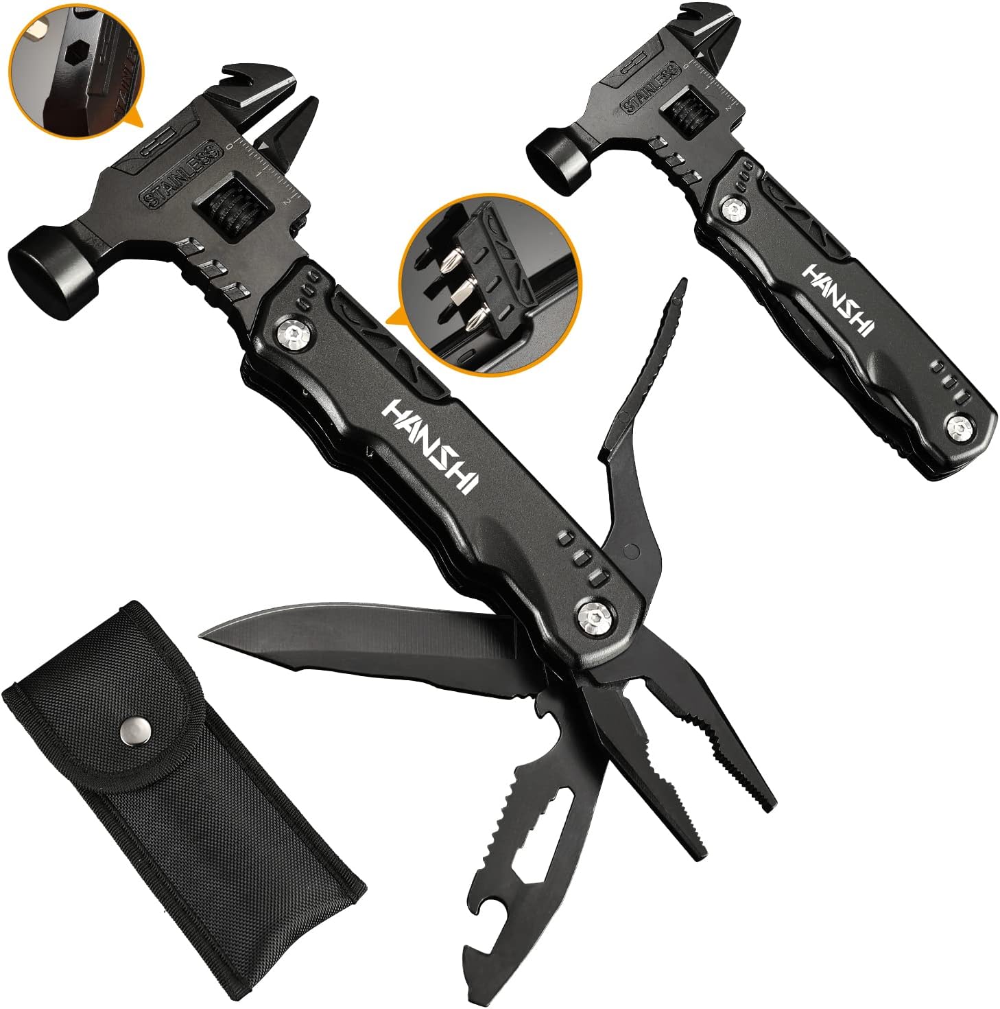 Adjustable Wrench Multitool Hammer for Survival,16 in 1 Multitools Pliers with Nylon Sheath,Pocket Knife Multi Screwdriver Tool All in One Camping Accessories for Stocking Stuffers for Men