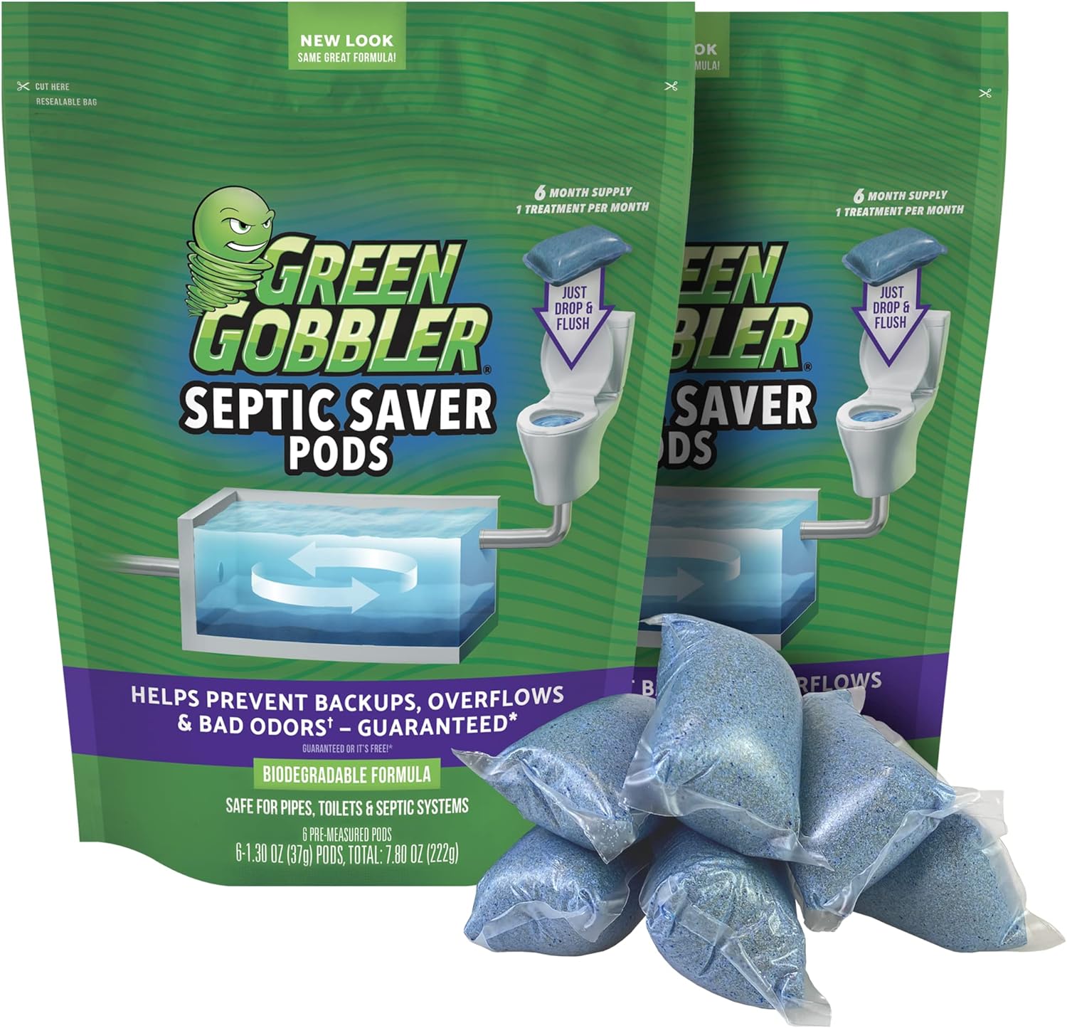 Green Gobbler Septic Tank Treatment Packets - Natural Bacteria to Prevent Costly Septic Issues, Back-Ups, Foul Odor (12 Pods)