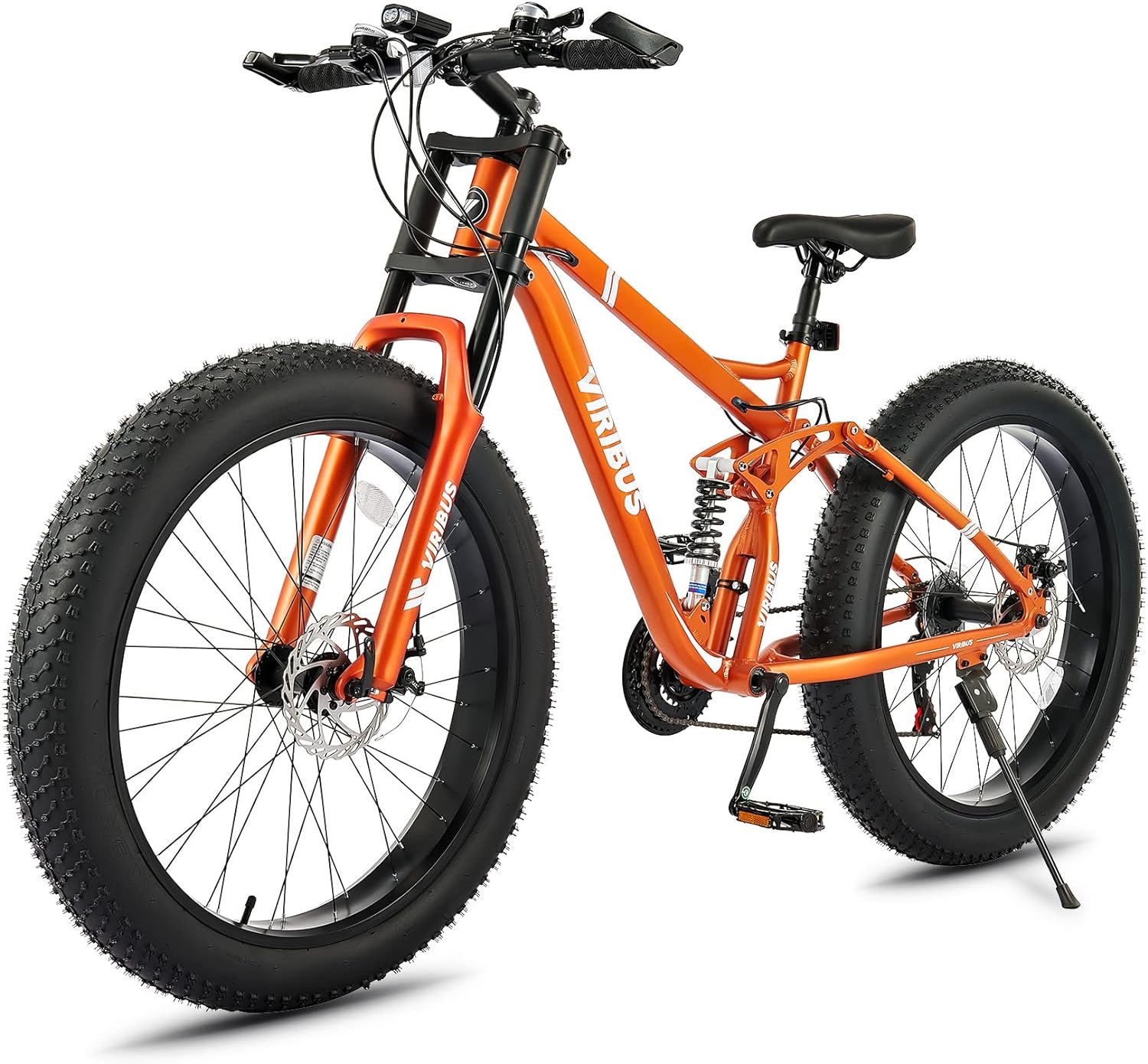Viribus Fat Tire Bike, Mens Bike Mens Mountain Bike with Front/Full Suspension, Shimano 21 Speed & Aluminium Alloy Frame, 26" MTB Adult Bike Bicycle with Gloves & Light, Fat Mountain Bike
