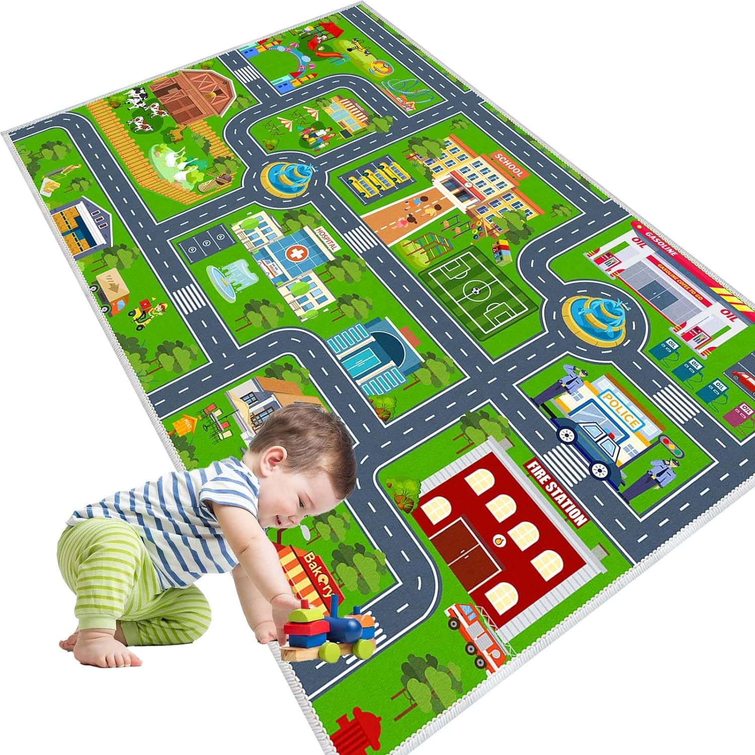 Kids Car Rug Playmat Carpet, Playroom City Road Race Track Rug for Playing Cars Toys, Educational Area Rugs for Bedroom Classroom Toddlers Kids Room Safe Area Decor(Green,2'6"x3'9")