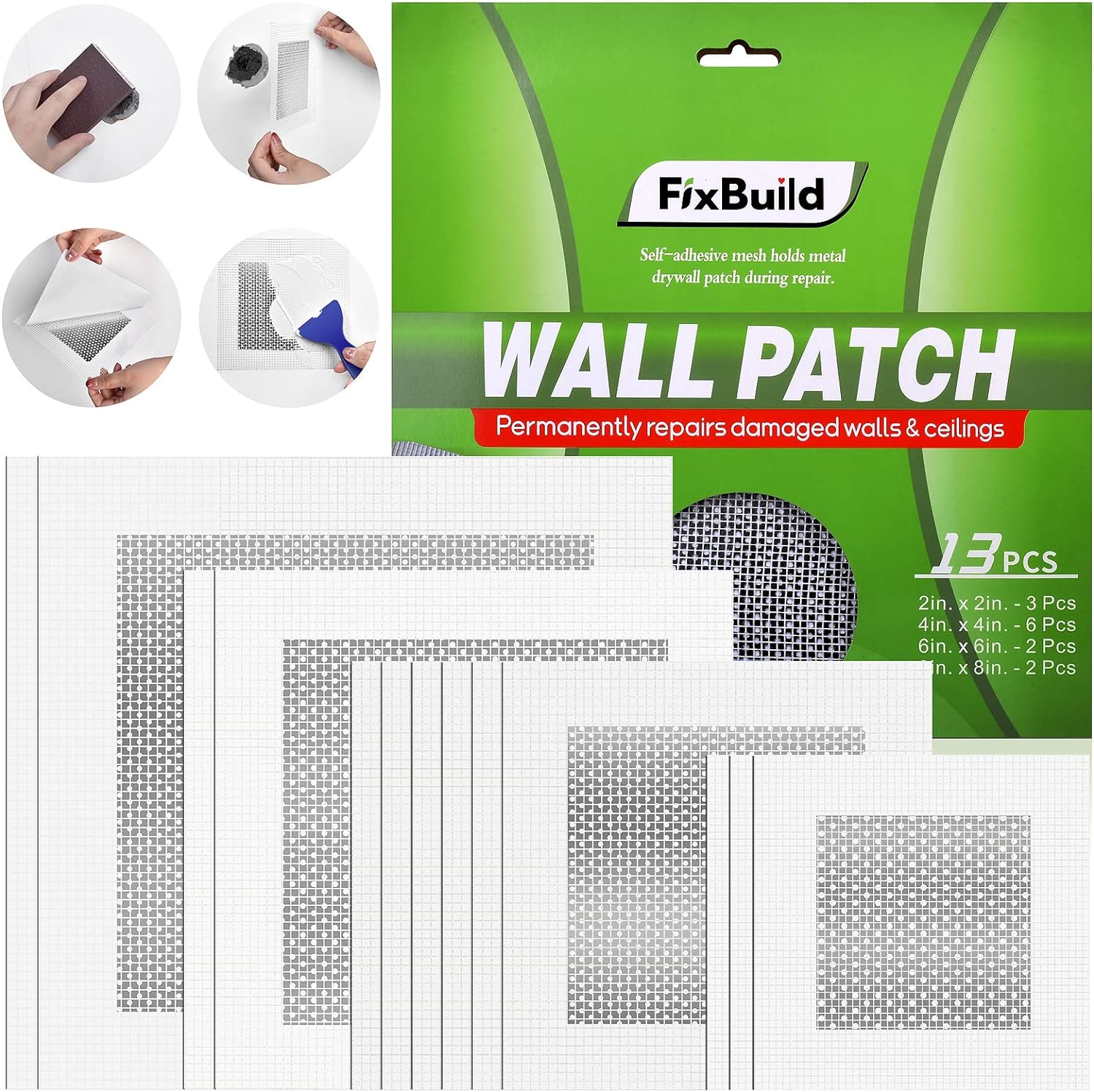 13 Piece Drywall Repair Patch Kit With 2/4/6/8 inch Plaster Wall Patches for Quick Fixes