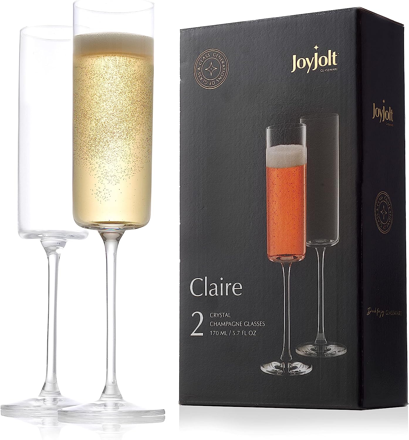 JoyJolt Champagne Flutes β Claire Collection Crystal Champagne Glasses Set of 2 β 5.7 Ounce Capacity β Exquisite Craftsmanship β Ideal for Home Bar, Special Occasions β Made in Europe