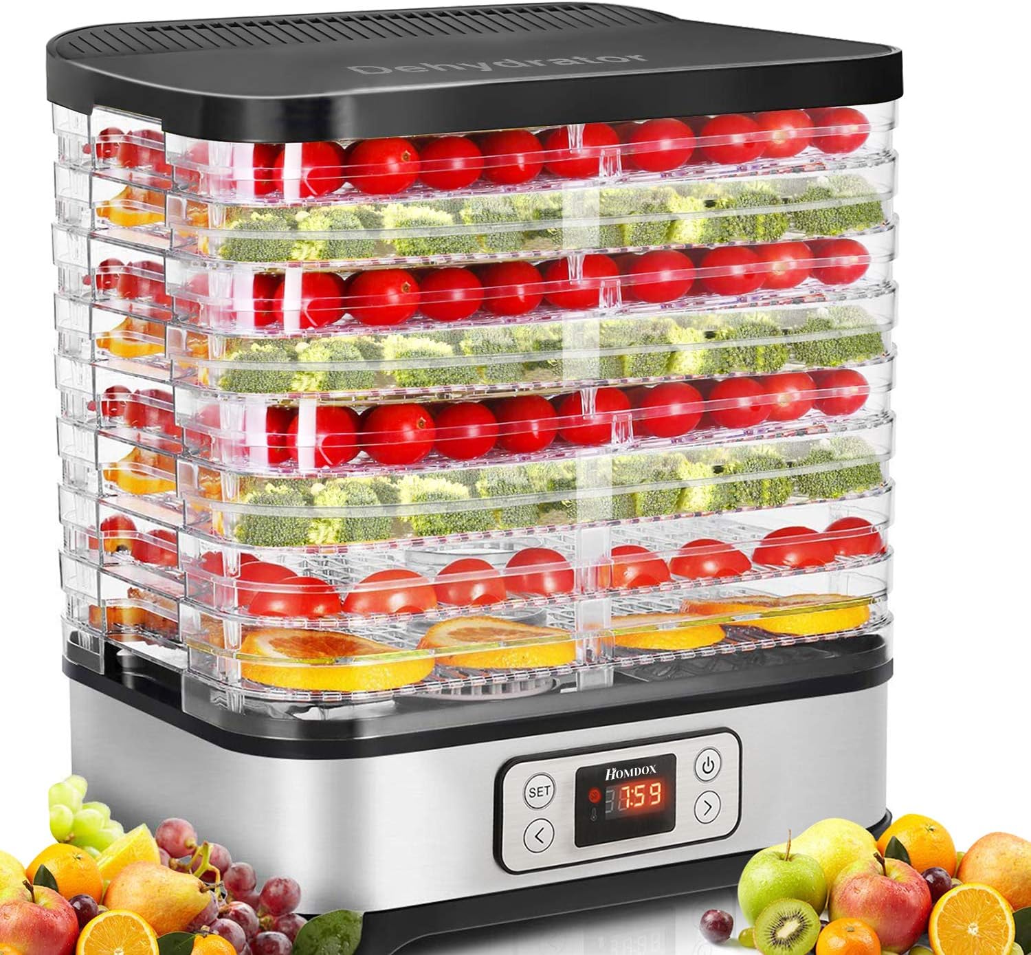 Homdox Food Dehydrator, 8 BPA-Free Trays Dehydrator for Food and Jerky with 72H Timer and Temperature Control, 400W Dehydrator for Fruit, Herbs, and Dog Treats, Fruit Roll Sheet Included