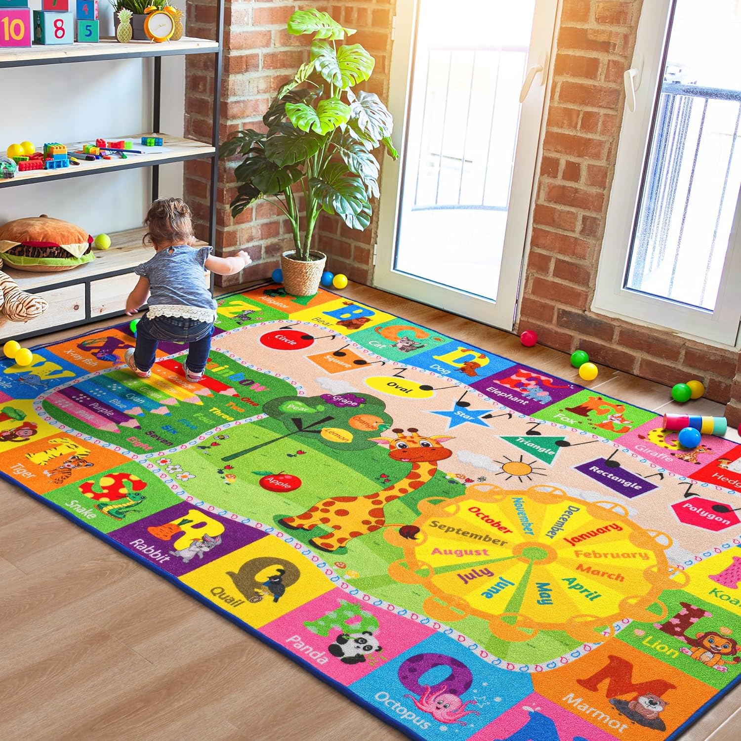Kids Rug Play Mat Carpet Educational and Fun Playmat ABC Alphabet Animals Shapes 4x6 Area Rug Learning and Safe Rugs for Bedroom Playroom Classroom Baby Toddler Children